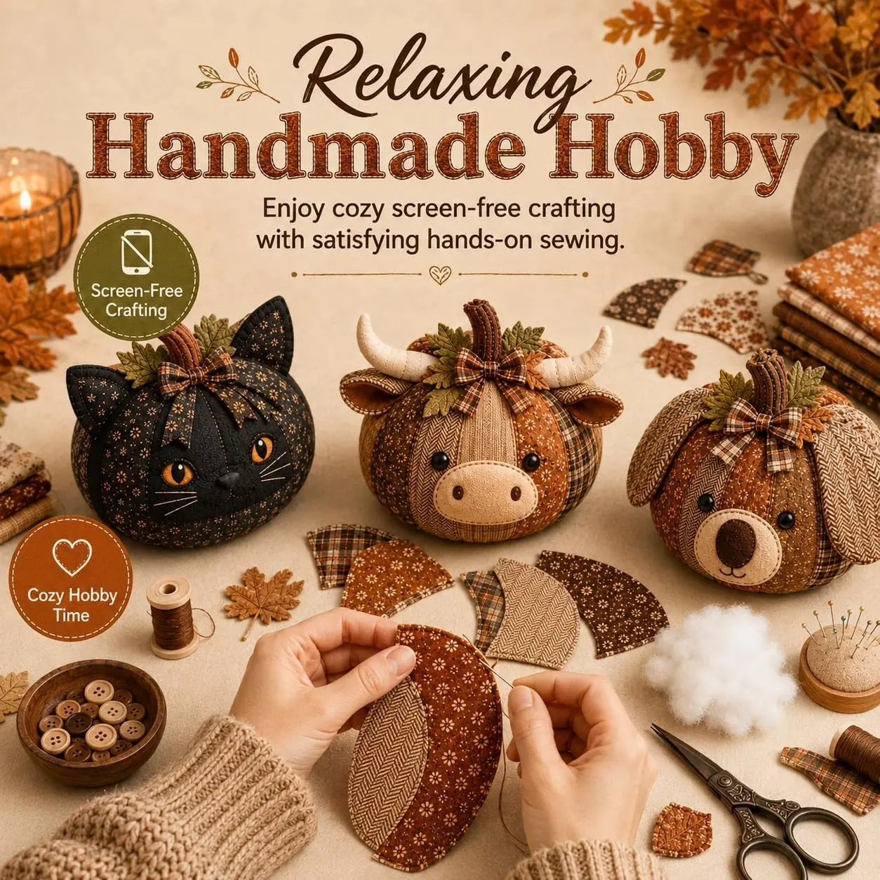 DIY Animal Pumpkin Sewing Kit, Woodland Animal Fall Patchwork Craft Set, Fabric Hand Sewing Decorations for Adults, Halloween Thanksgiving Tabletop Home Decor
