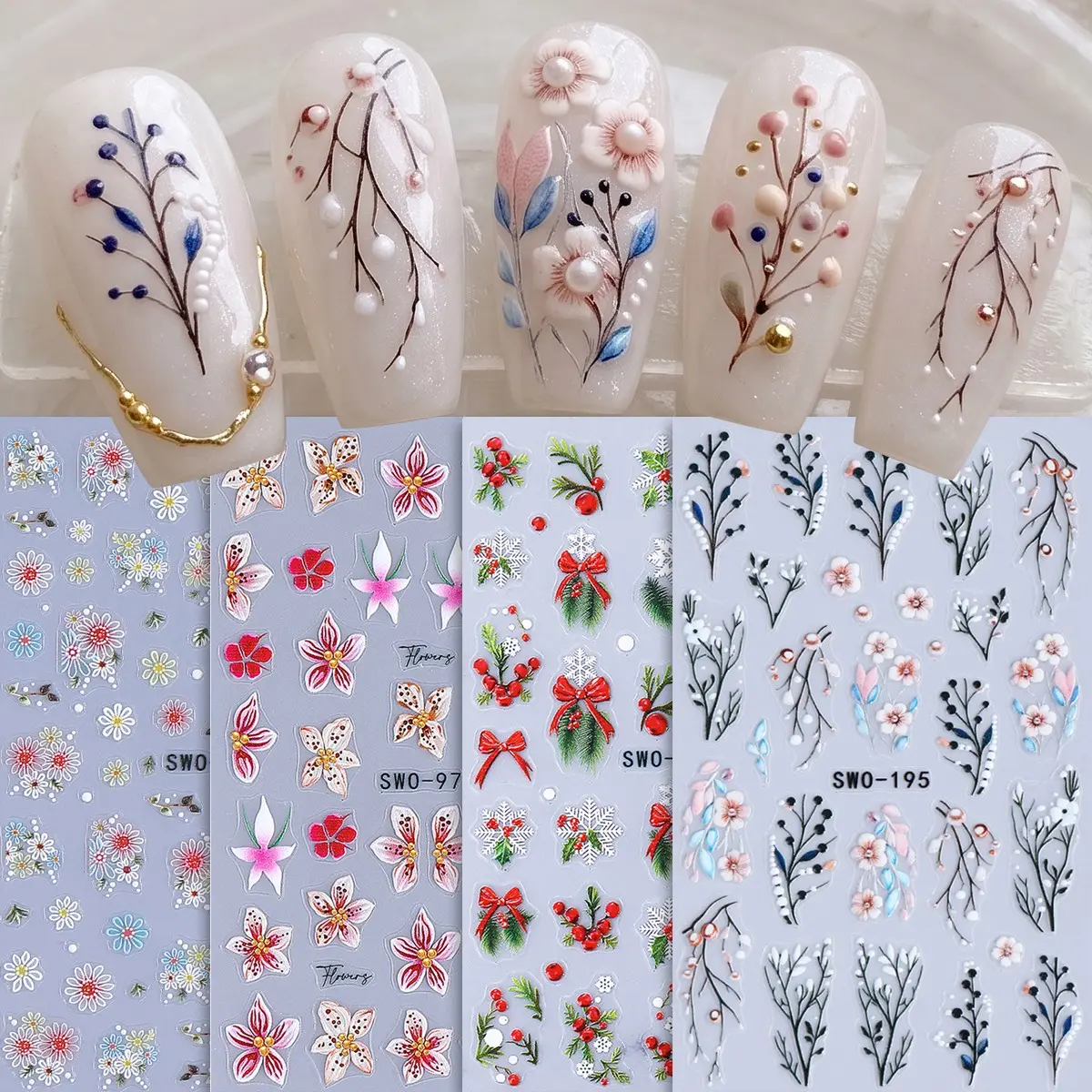 4 Elegant Embossed Flower Nail Stickers, Plum Blossom, Peach Bloom, Hibiscus, Fruit, Bow Pattern 3D Nail Decals DIY Nail Art Decorations