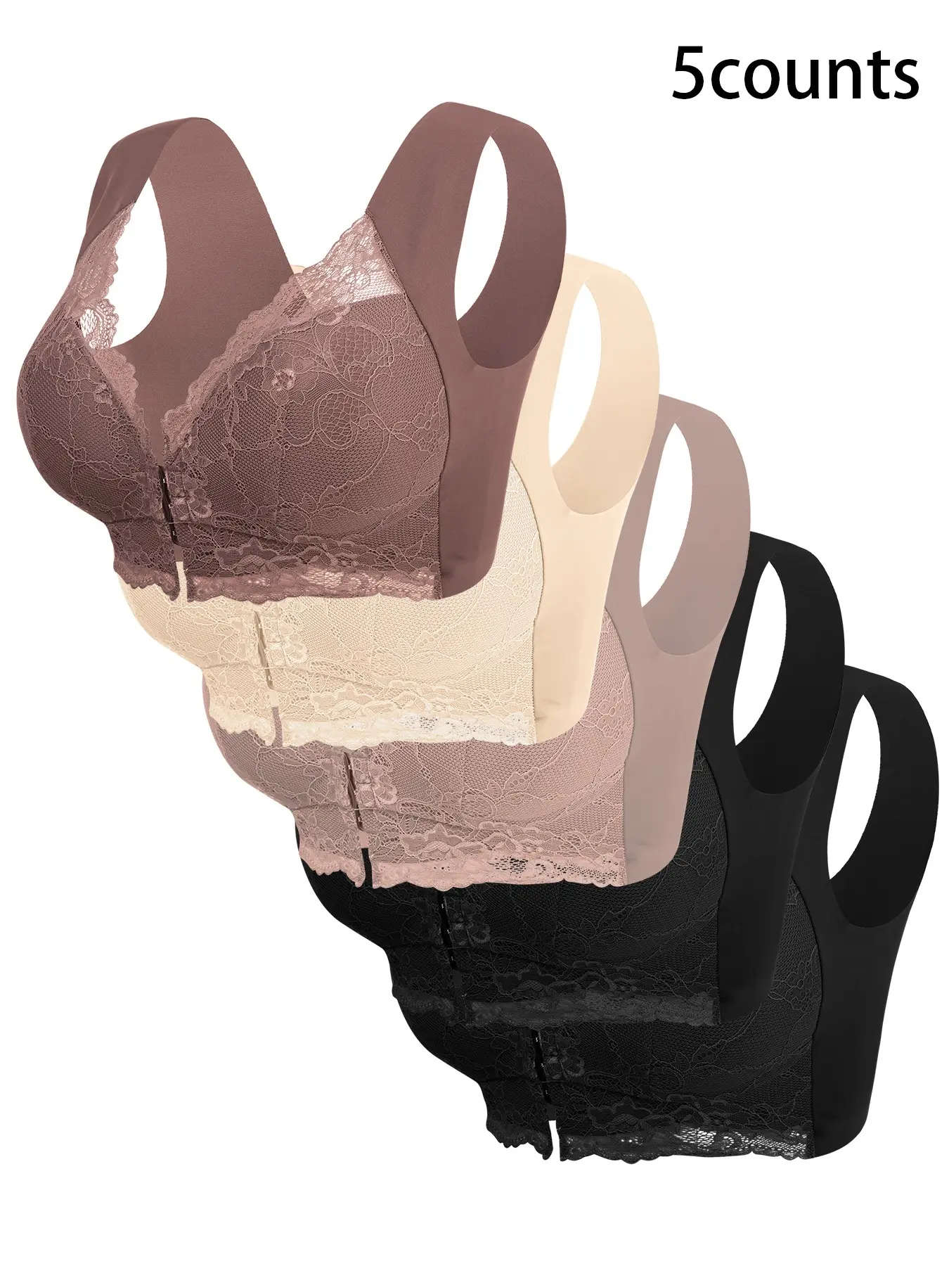 Women's 5-Piece Contrast Lace Hook Front Bra Set, Soft Comfortable Breathable Wireless Lingerie, Ideal for Daily Wear