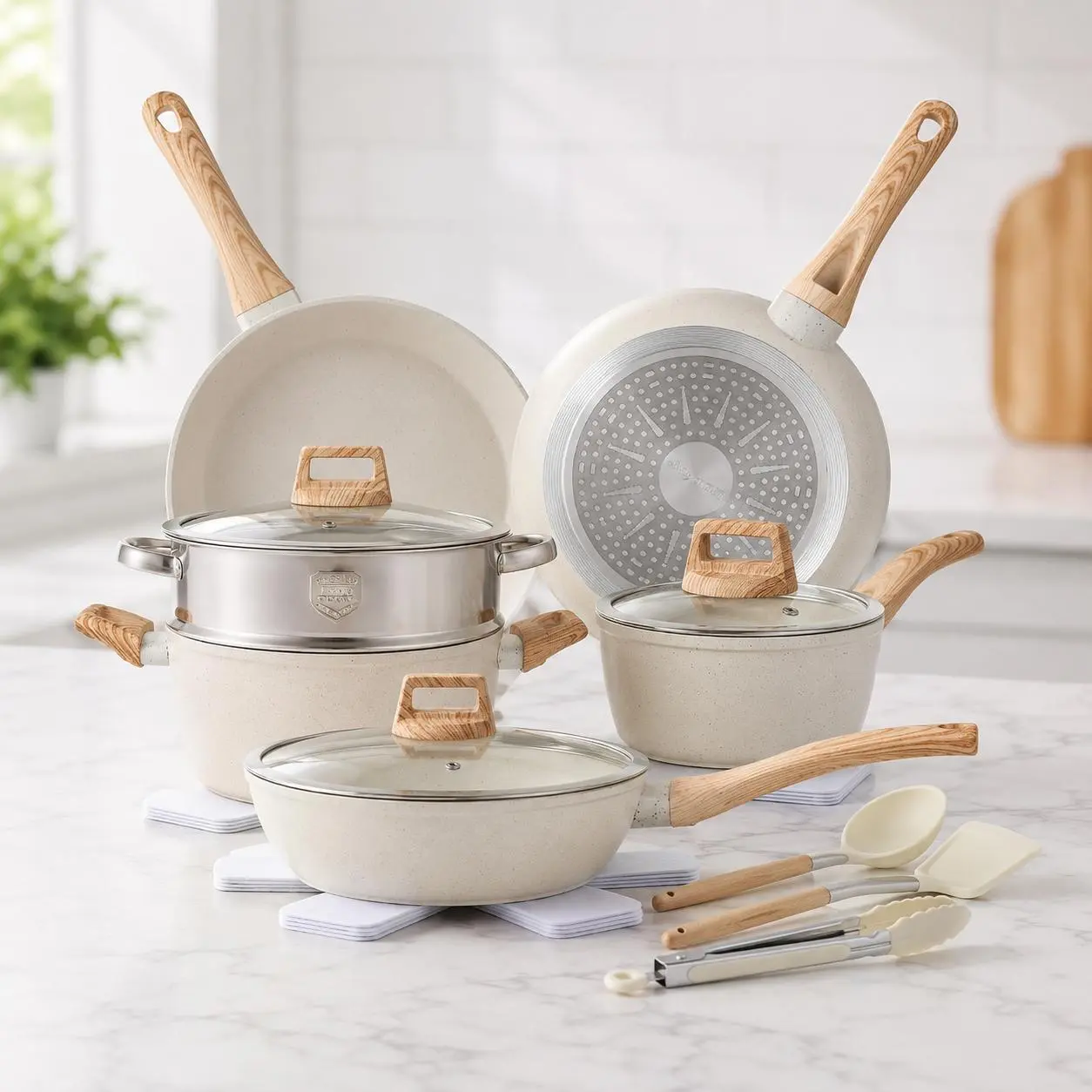 16-Piece Nonstick Pots and Pans Set with Frying Pan, Saucepan, Sauté Pan, Egg Pan, Silicone Utensils & Pan Protectors, Complete Kitchen Cookware Set for Home