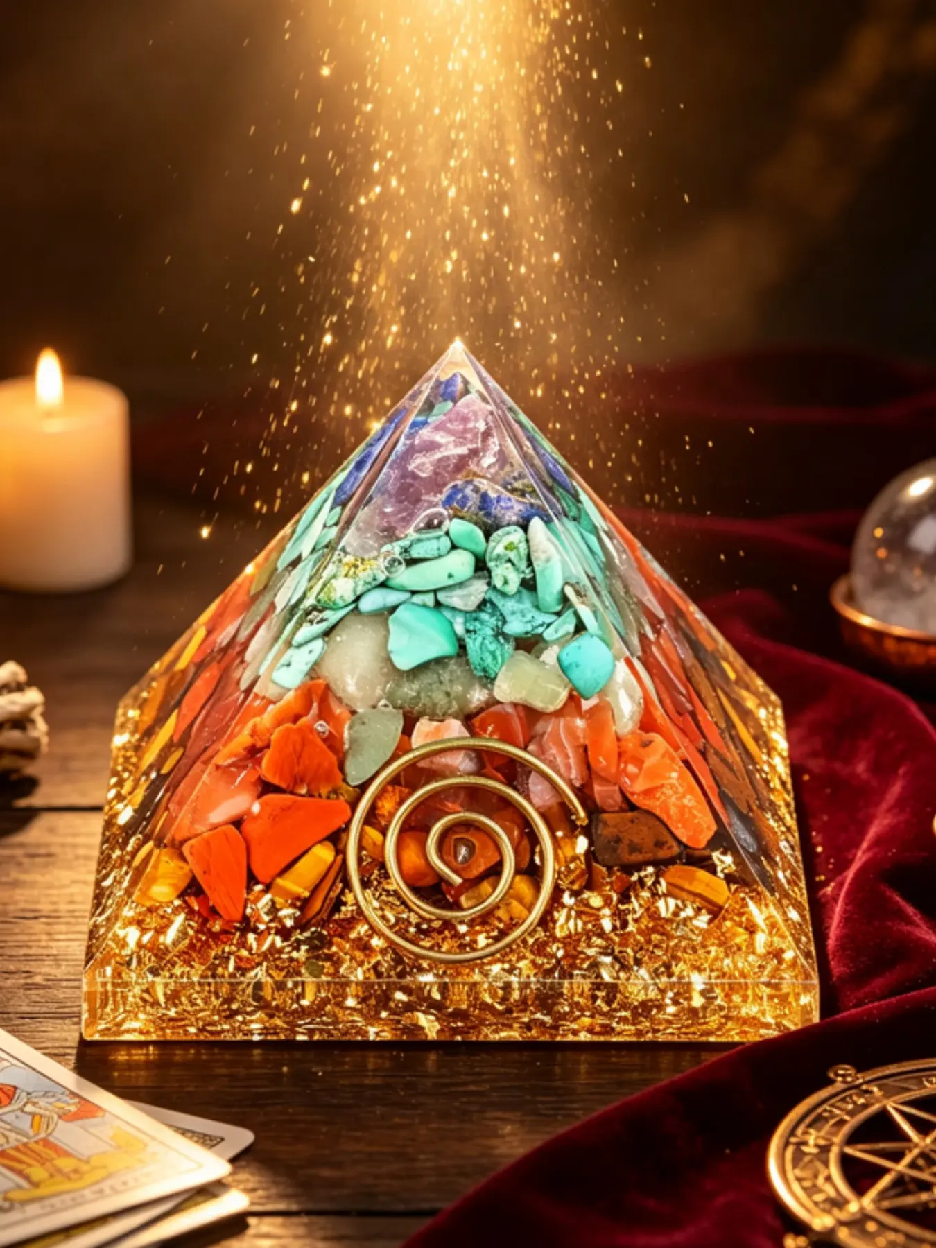 6.5cm Natural Crystal Pyramid Desk Statue, Seven-Color Orgone Geometric Pattern, Home Decor, Creative Gift, Yoga Meditation, Christmas Halloween Accessory
