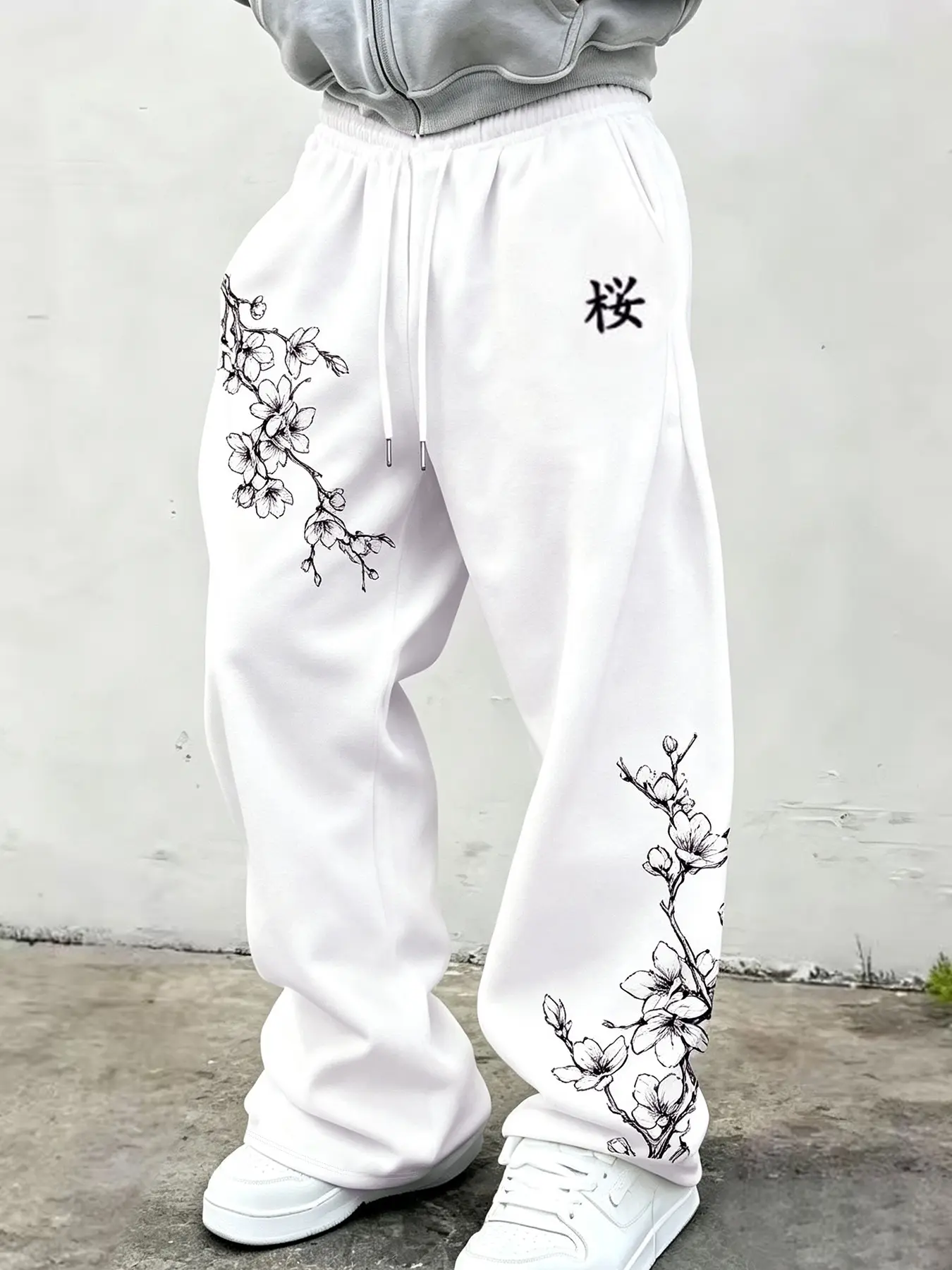 Men's Drawstring Sports Pants, Cherry Blossom Print, Casual Comfortable Jogging Pants, Loose Fit for Outdoor Activities, Running, Daily Wear