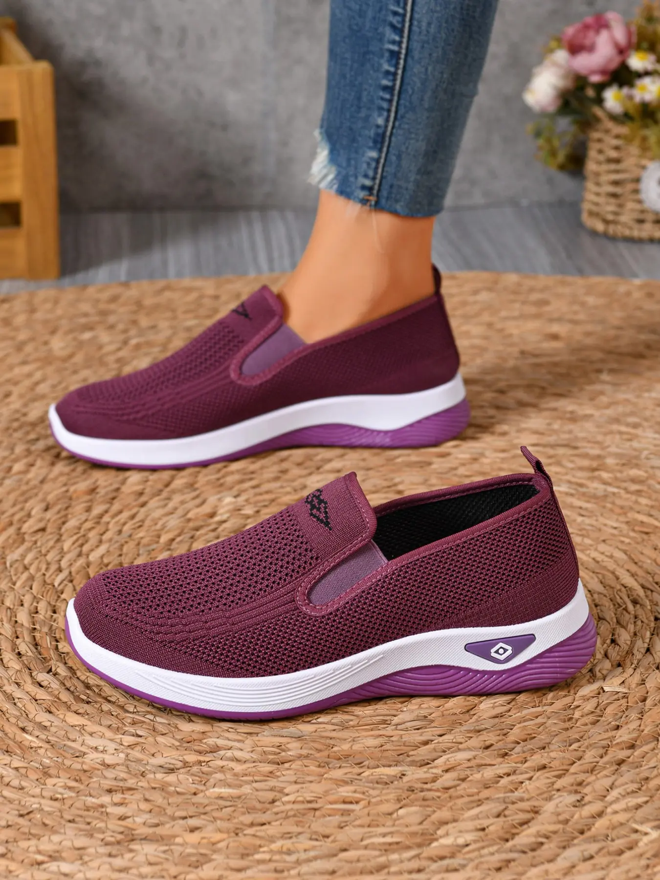 3 Solid Color Women Hollow Knit Slip On Wedge Platform Sneakers, Soft Light Two-Tone Cushioned Curved Sole Casual Walking Shoes All Season Daily Wear, Slip On Footwear