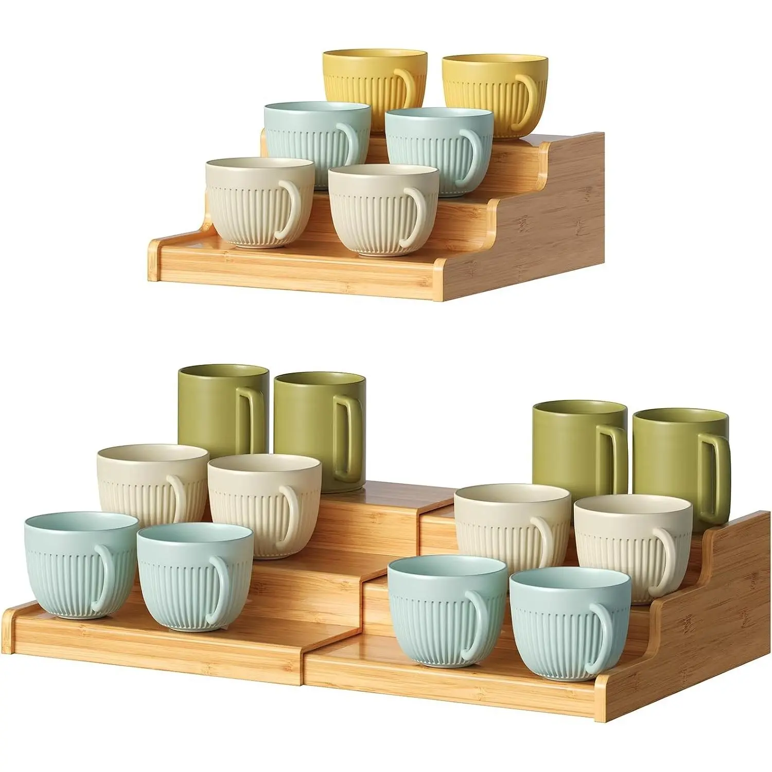 3-Tier Expandable Bamboo Mug Holder for Countertop Coffee Cup Display Organizer Rack for Coffee Bar Mug Shelf for Kitchen Cabinet Home