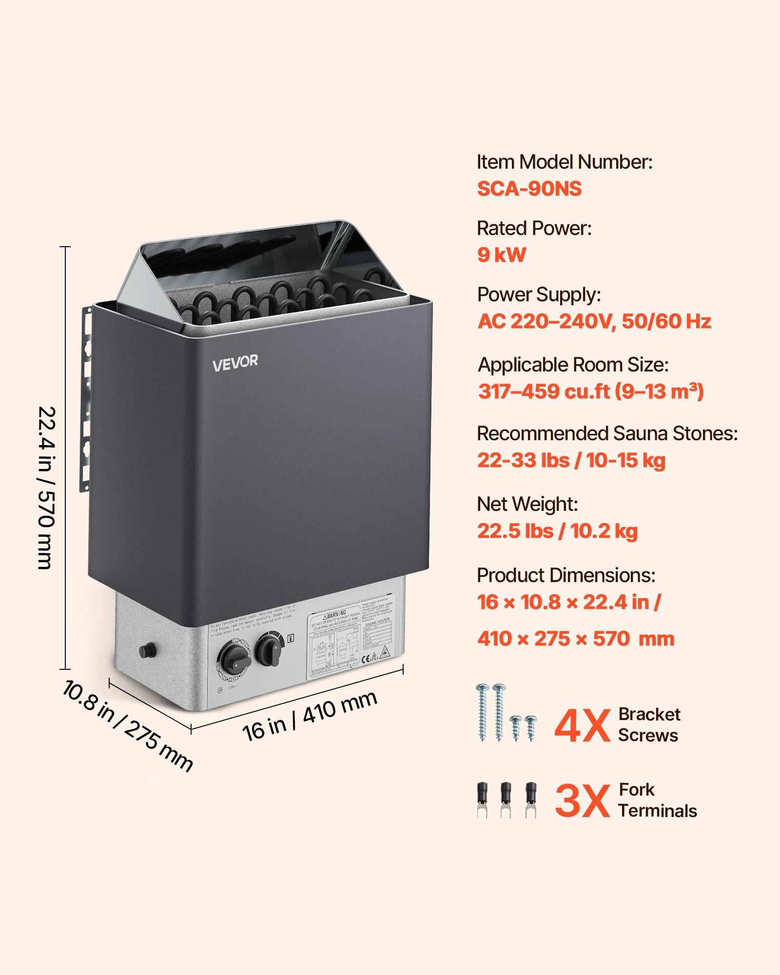VEVOR 9KW Sauna Heater, Steam Bath Sauna Heater with Built-In Controls, Electric Sauna Stove, 3h Timer and Adjustable Temp for Max.317-459 Cubic Feet, Home Hotel Spa Shower Use 220V