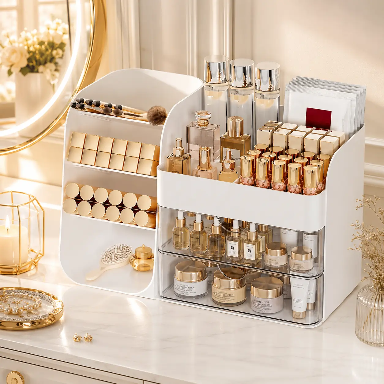 Crystal White Minimalist ABS Plastic Beauty Storage Vanity Makeup Organizer - Standalone, Curved-Edge, Stain-Resistant Countertop Caddy with Detachable Drawers, Multiple Slots for Lipsticks, Brushes, Skincare, Eyeshadow Palettes (Bedroom, Bathroom)