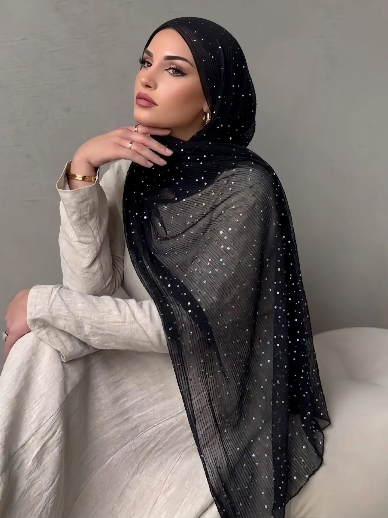1pc Women's Shimmering Sequin Headscarf, Lightweight Soft Muslim Hijab, Elegant Scarf Shawl, Summer Beach Sun Protection Wrap