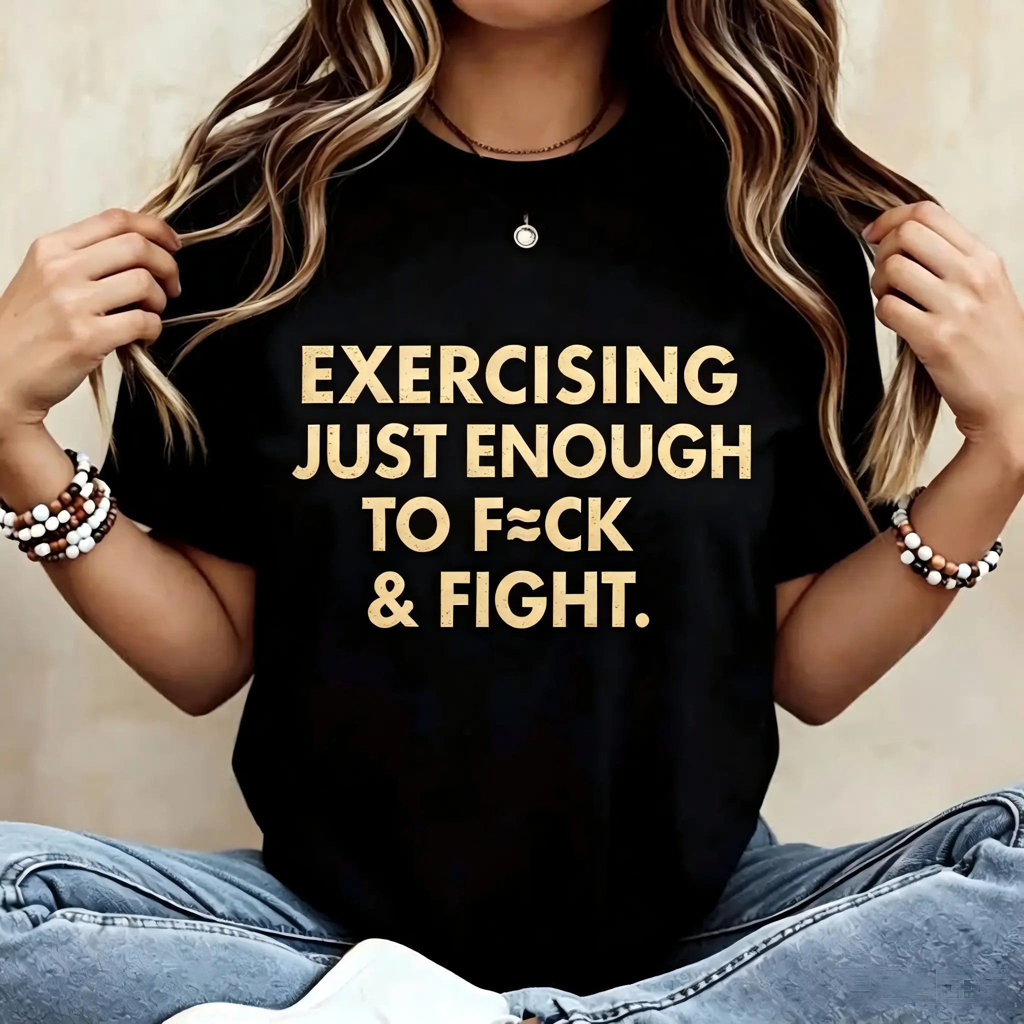 Women's Soft Comfortable Fabric Essential Fashion Unisex T-shirt, "Exercising Just Enough to F*ck & Fight" Funny Graphic, Retro Vintage Streetwear Gift, Shortsleeve, Top