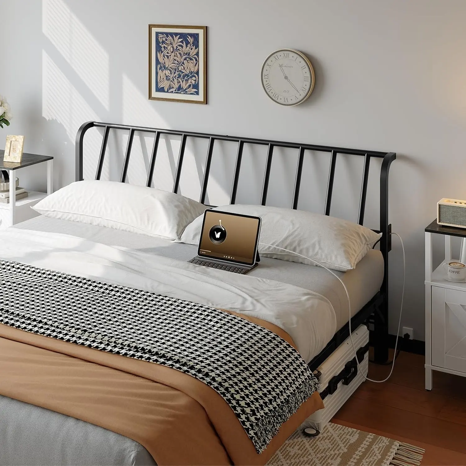 King Size Headboard Only, Metal Headboard with 2 Power Strips, 95 Degrees Reclining Backrest with Bed Frame Adapters, Easy Assembly, Black
