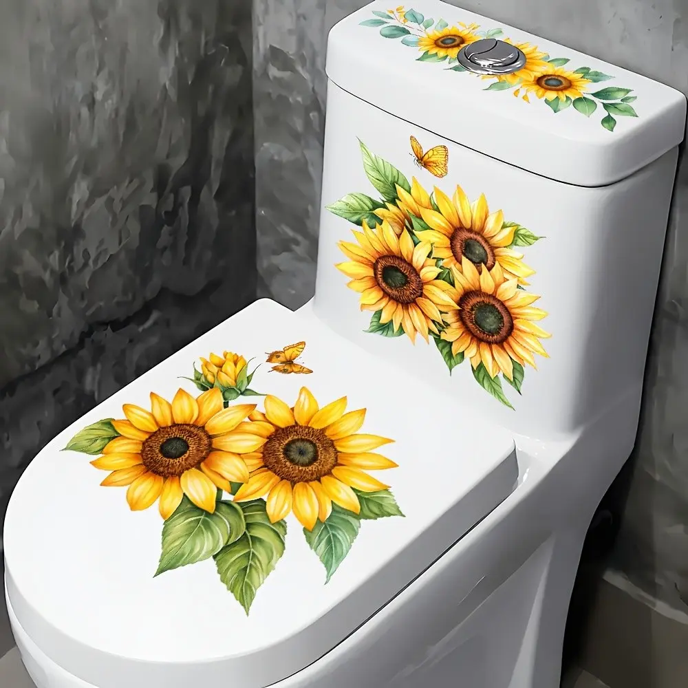3 Piece Bathroom Toilet Stickers, Sunflower Floral PVC Self-Adhesive Decor, Semi-Matte Finish, Removable, Fantasy Theme, Easy Application, Toilet Accessory