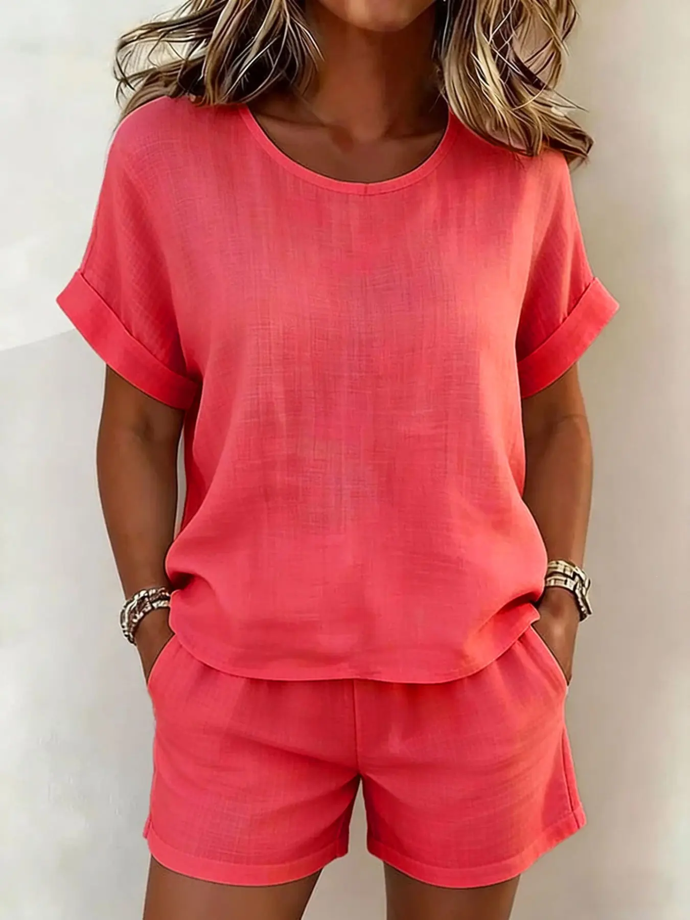 Women's Two-Piece Basic Casual Outfit, Round Neck Short Sleeve Top, Baggy Loose Fit Pocket Shorts, Daily Wear, Solid Color Fashion, Everyday Clothes