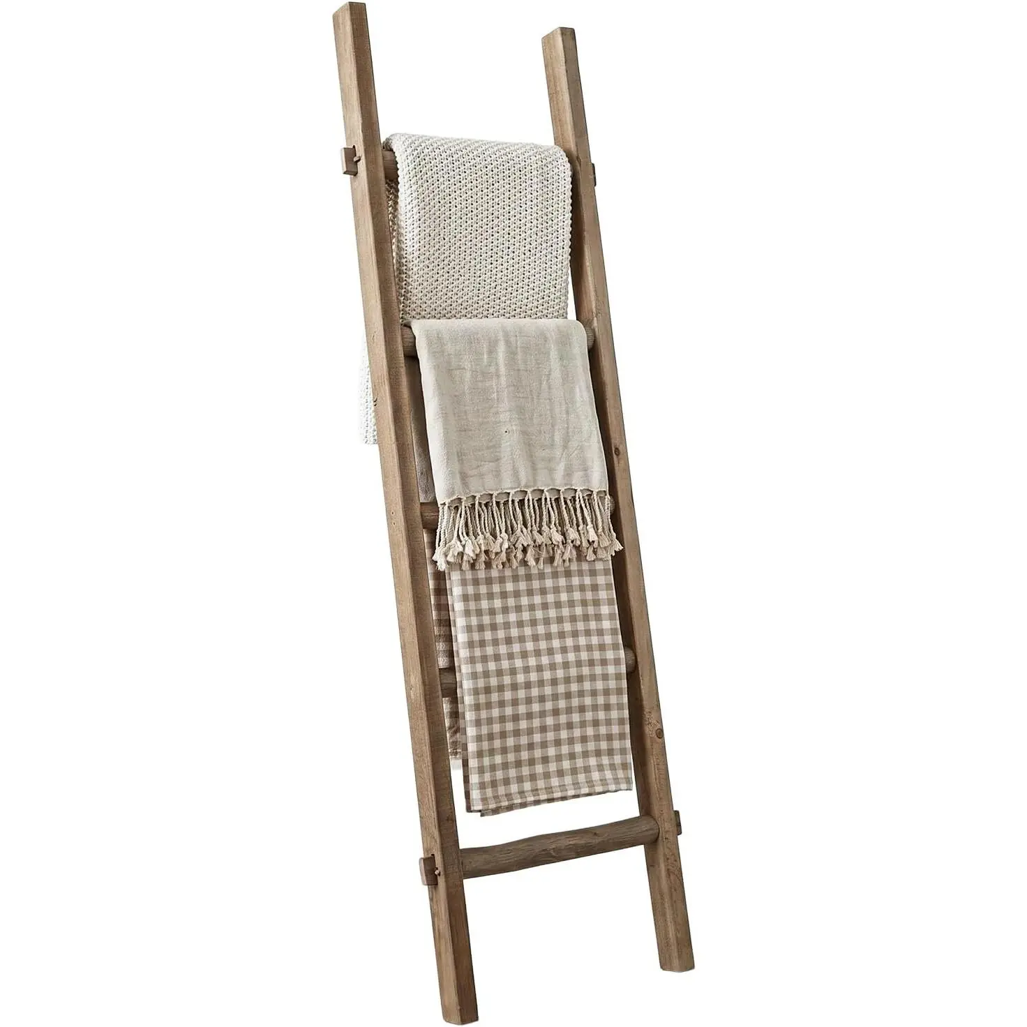 Blanket Ladder Pre Assembled 76in Wooden Ladder Shelf Living Room Bathroom Bedroom Decorative Wall Leaning  Quilt Display Holder Rustic Towel Rack (Brown, 57in(5-Tier))