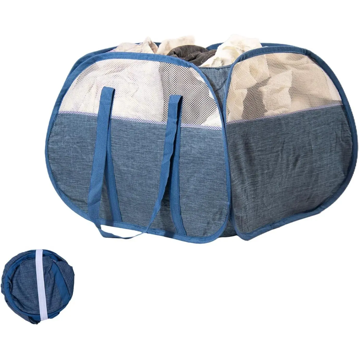 Collapsible Laundry Basket, 90L  Proof Mesh Pop-up Hamper | Foldable Storage Clothes Bag with Reinforced Handles for Laundry, Bathroom, Dorm, Travel, Camping, Space-saving, Blue