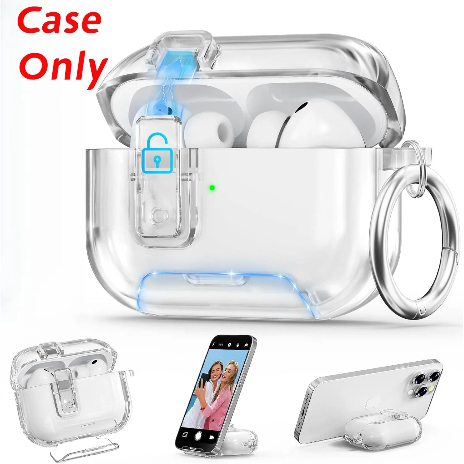 Clear Secure Lock Case For AirPods Pro/Pro 2 Pro 3  AirPods 4 ,Shockproof Transparent Protective Cover With Keychain Anti-Lost Earphone Shell