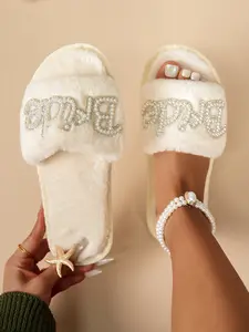 Bride Rhinestone Letter Fuzzy Slippers, Wedding Morning Gown Match, Home Non-Slip Soft Warm New Bridal Gift, Daily Wear