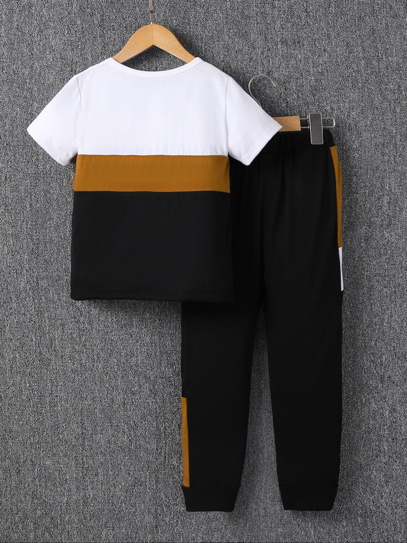 Boy's Letter Print Tee & Side Stripe Sweatpants Set, Round Neck Set, Colorblock Short Sleeve T-shirt & Jogger Pants, Casual Summer Outfits Clothes for Kids Children, Kids Athletic Clothing, Striped Sets, Youth Kits