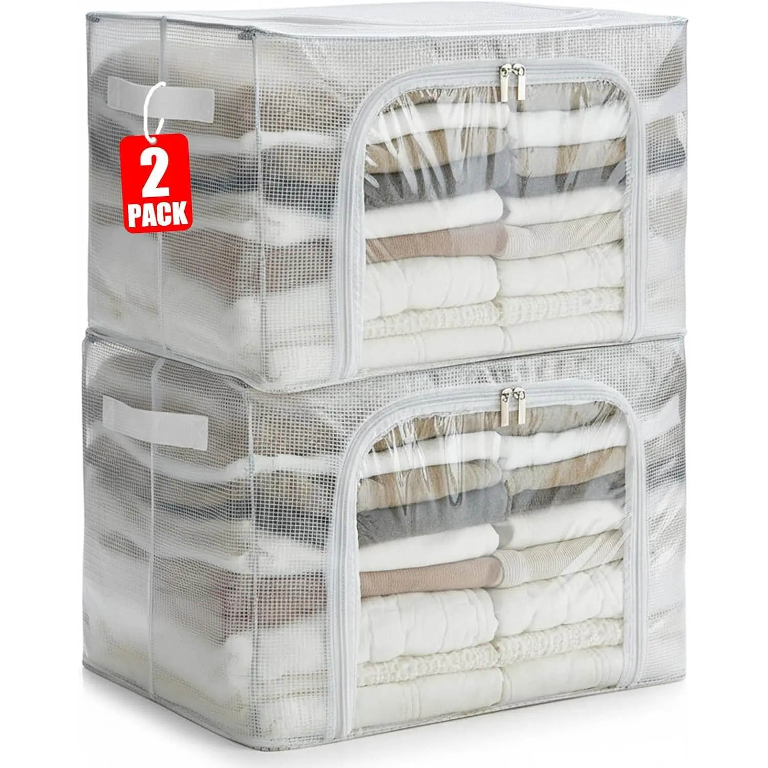 Clear Stackable Clothes Storage Bins with Metal Frame, Foldable Storage Box with Lid, Bedroom, Closet Organizers and Storage Container with Zippers & Durable Handles (Clear, 2 Pack)