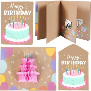 6 Slots 3D Happy Birthday Gift Card Booklet with Envelopes 3D Honeycomb Birthday Money Holder for Cash Gift Surprise Money Card Sleeves Book Money Gift Ideas for Teacher Friends (Cowhide Color)