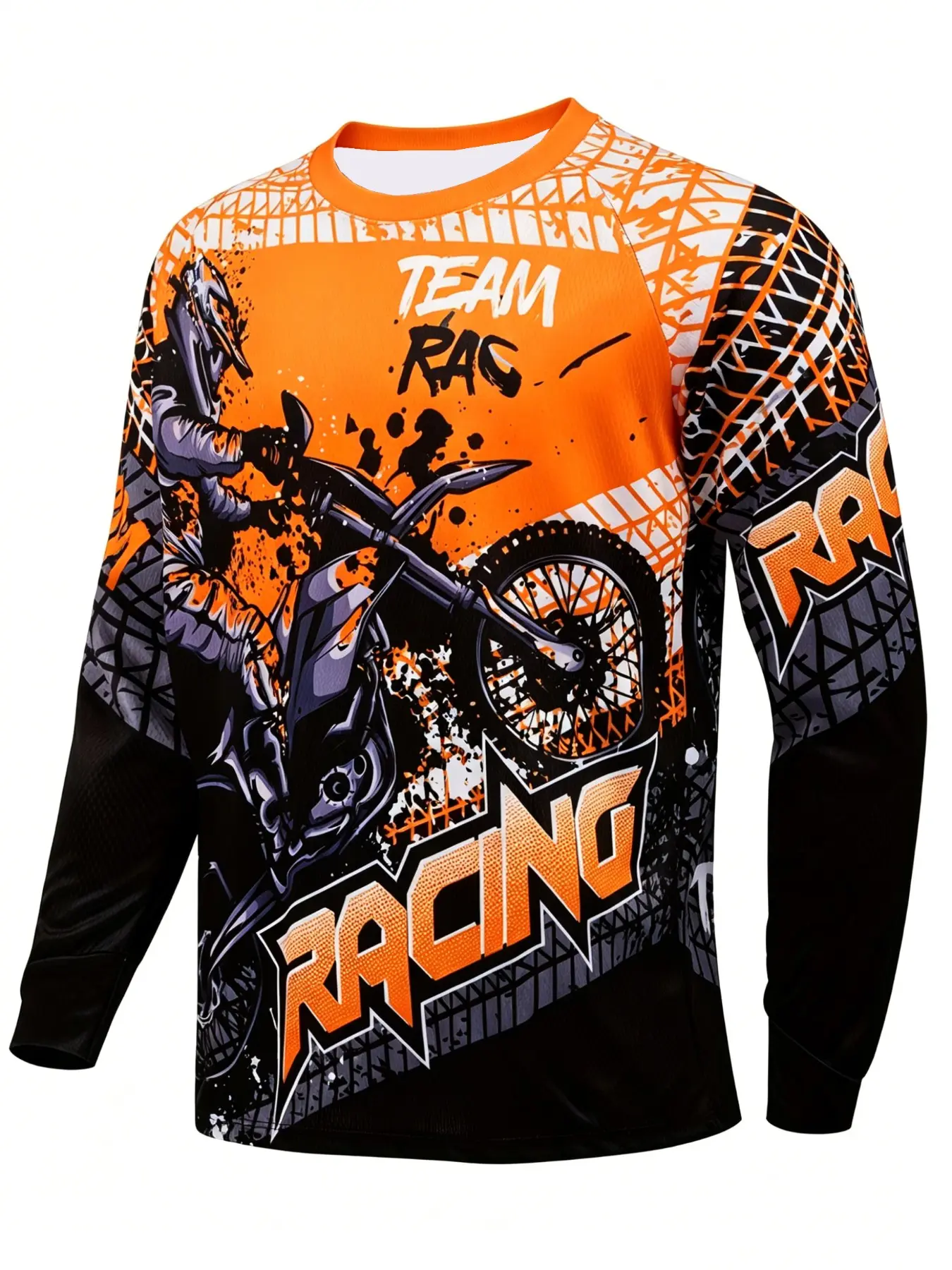 Men Dirt Bike Racing Graphic Long Sleeve Crewneck Top, Quick Dry Breathable Motocross Riding Style Shirt, Splash Graffiti Color Block Long Sleeve Tee For Off Road Motorcycle Training Outdoor Sports.