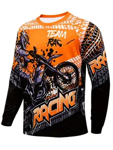 Men Dirt Bike Racing Graphic Long Sleeve Crewneck Top, Quick Dry Breathable Motocross Riding Style Shirt, Splash Graffiti Color Block Long Sleeve Tee For Off Road Motorcycle Training Outdoor Sports.