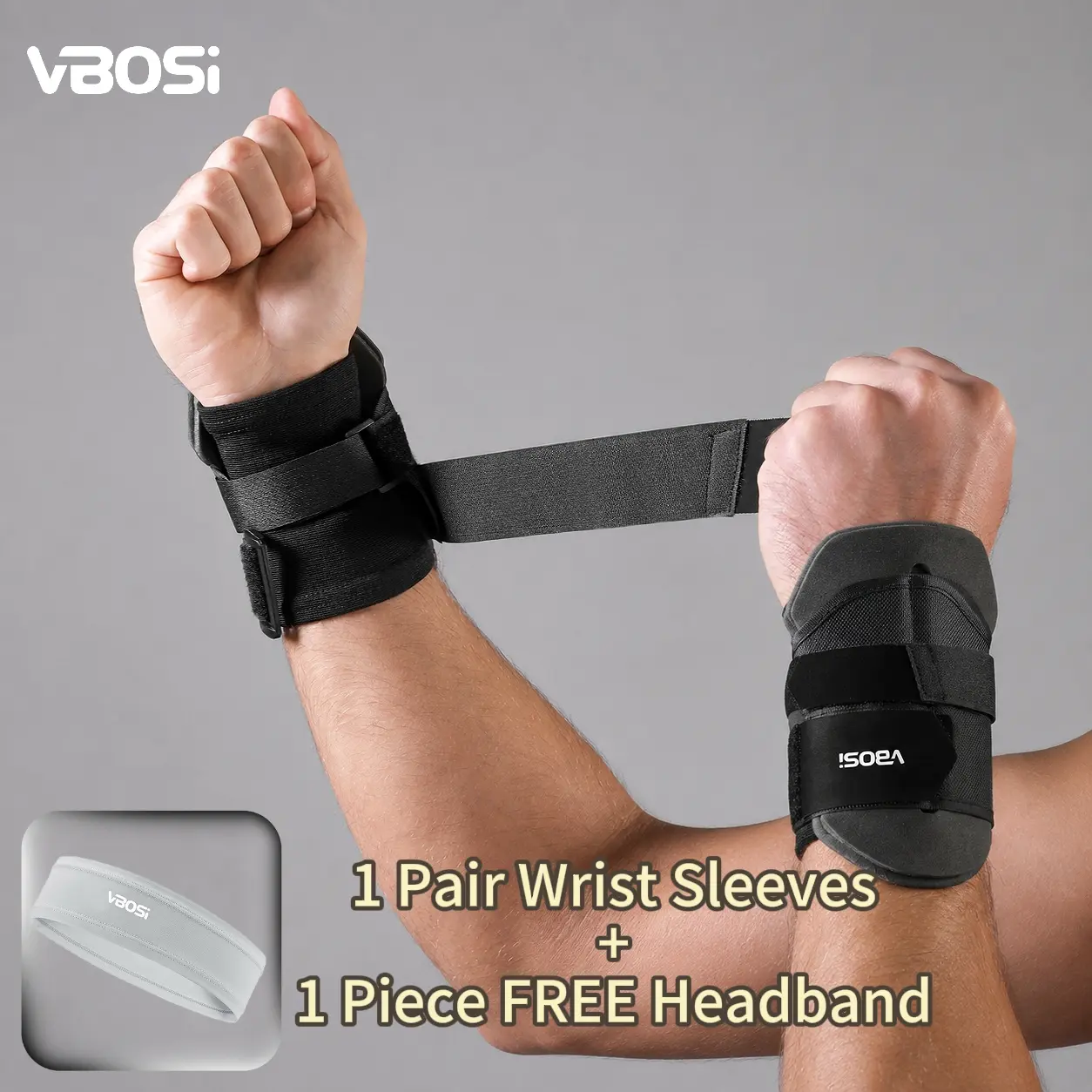 VBOSI 3-Piece Workout Support Set, 1 Pair Adjustable Wrist Braces with Wraparound Straps and 1 Sports Headband, Breathable Fitness Accessories for Weightlifting, Gym Training and Cycling