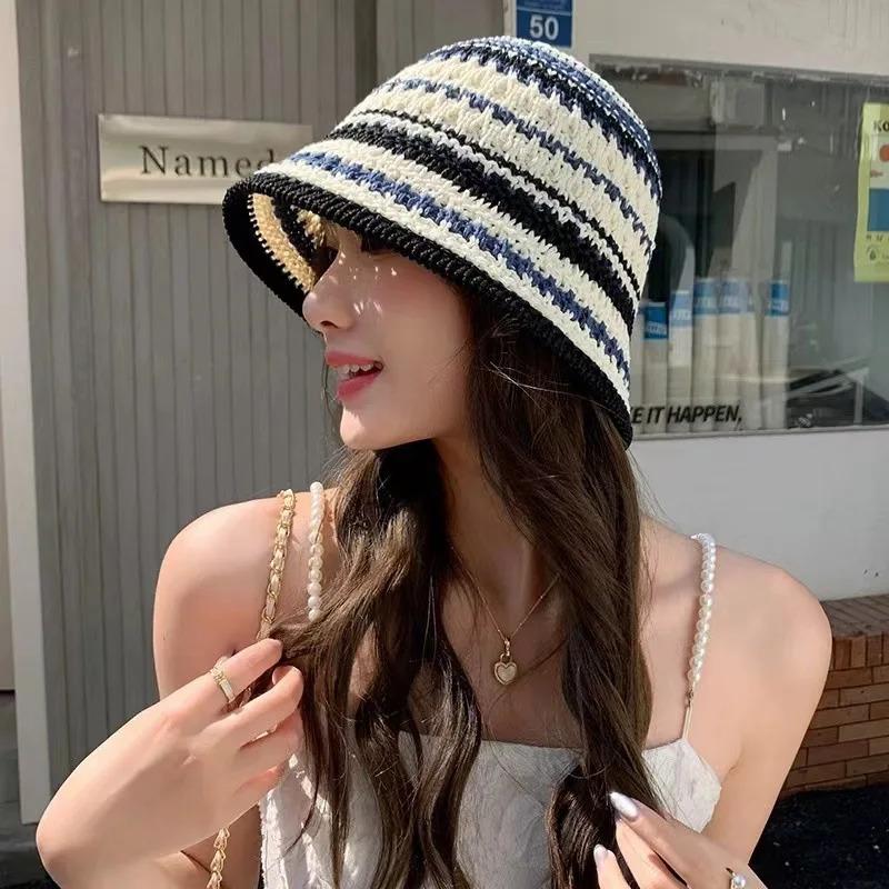 1pc Women's Summer Striped Colorful Openwork Fisherman Hat,Knitted Bowl,Breathable Thin Foldable Sun Bucket Hat for Tralve,party