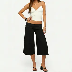 Women Fold Over High Waist Wide Leg Cropped Capri Pants, Soft Stretchy Knit Flared Culottes Casual Loose Fit Mid Calf Lounge Trousers