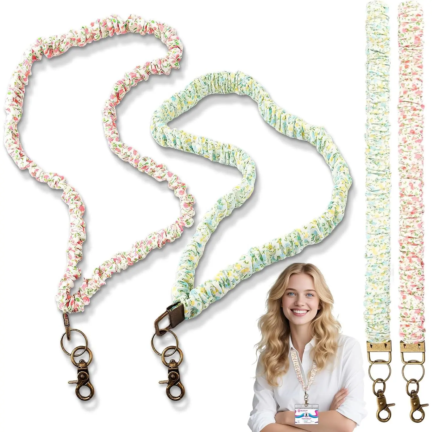 2 Pack Cottagecore-style Scrunchie Lanyards for ID Badges and  -  & Green Floral Print Retractable   Stretchy Lanyard with Clip Closure for Teachers, , School, Office