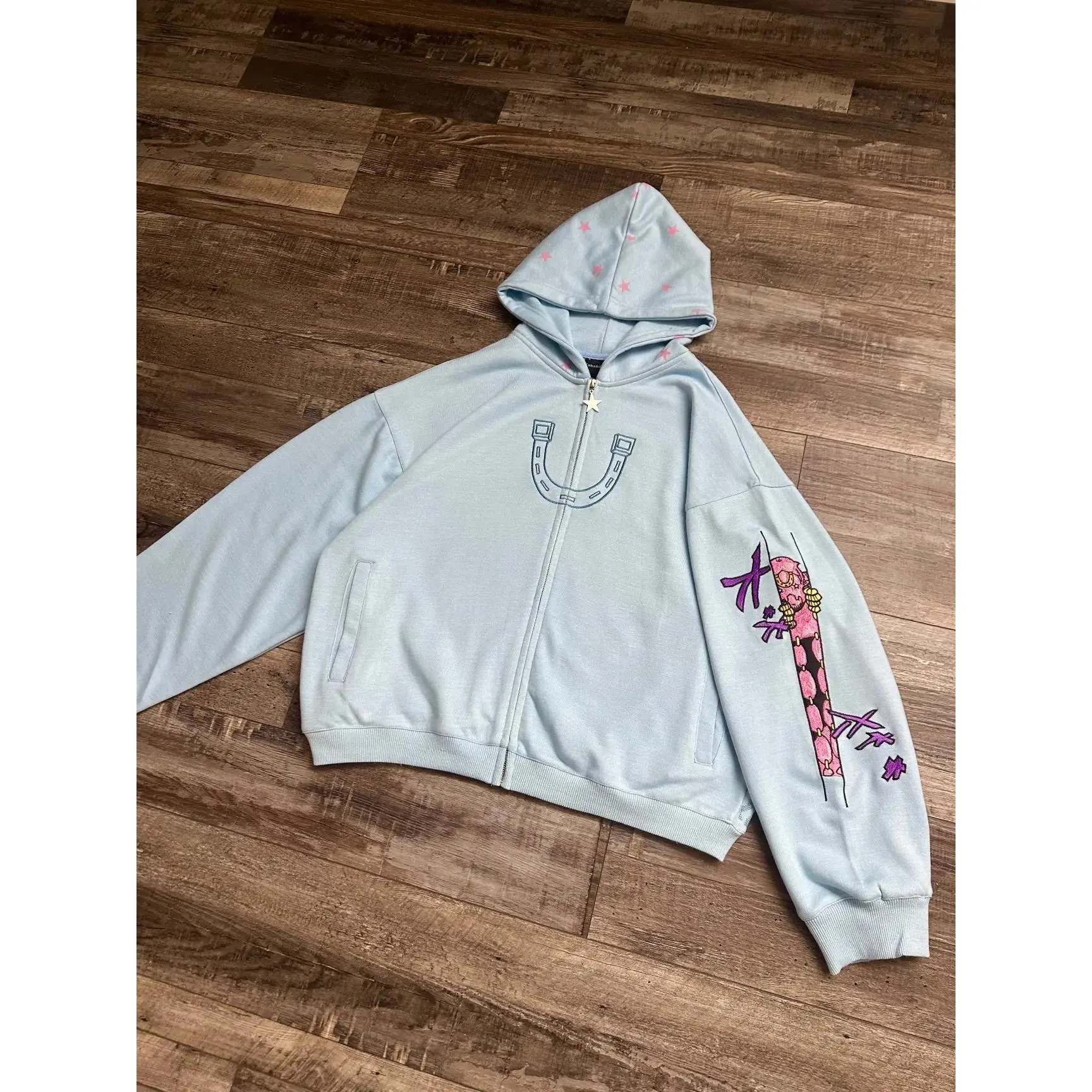 Women Shahzad Clothing Joestar Style Zip Hoodies Men JoJo Light Blue Star Tusk Print Oversized Embroidery Couple Sweatshirt Tops