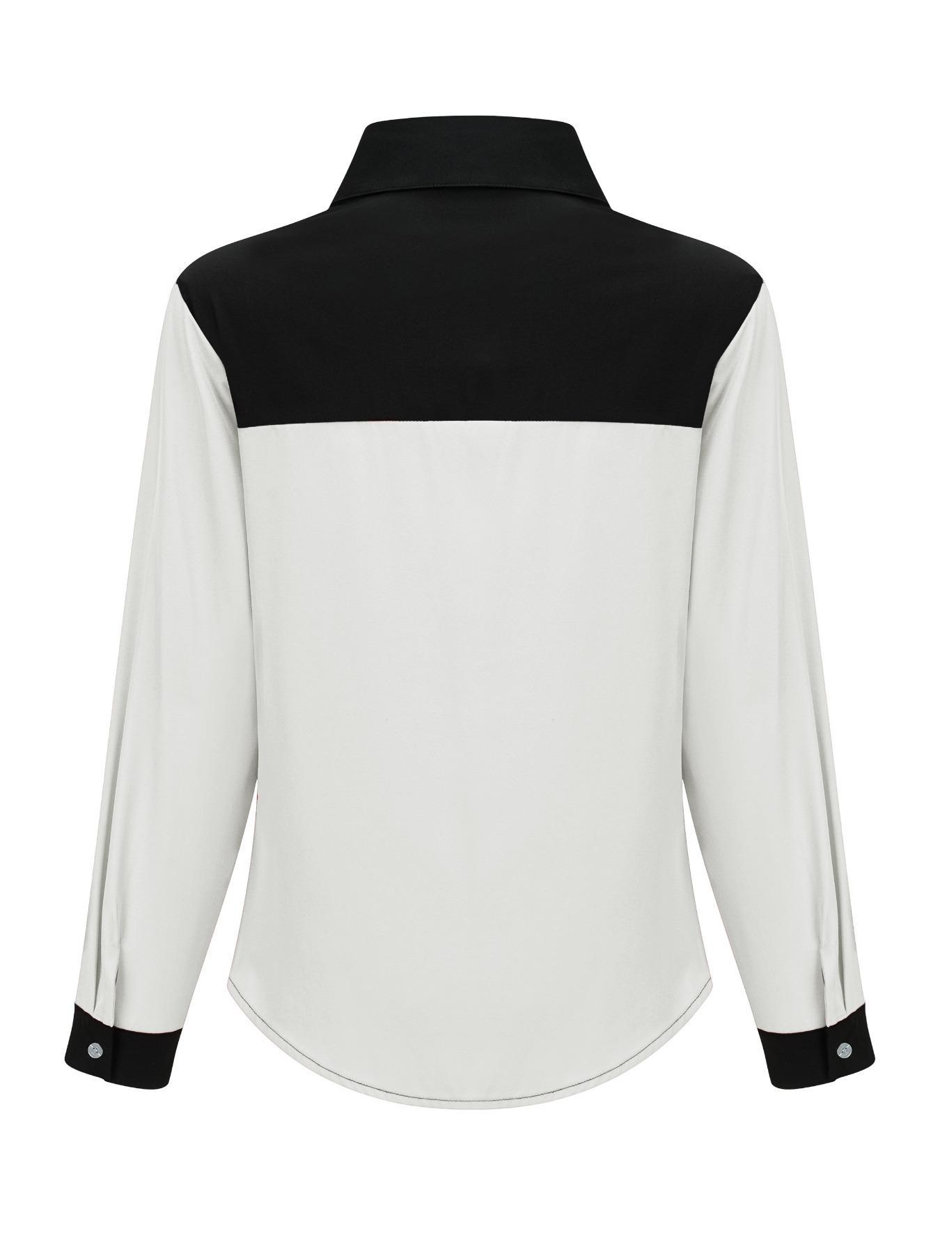 Women's Colorblock Flap Detail Button Front Shirt Blouse, Elegant Long Sleeve Collared Top for Spring & Fall, Fall Tops, Ladies Clothes for Work Office Business