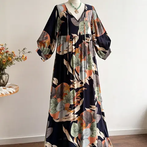 Plus Size Bohemian Floral Long Dress, Loose-Fit Casual Beachwear, Festival Tropical Style for Women, Boho Beach Sundresses
