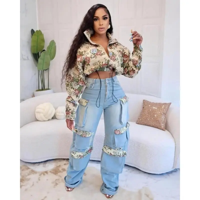 WashedWomen'sSetFullSleeveFloralJacketandPocketsCargoJeansPantsSuit2025StreetSetOutfitTopClothesWomenswearGamis