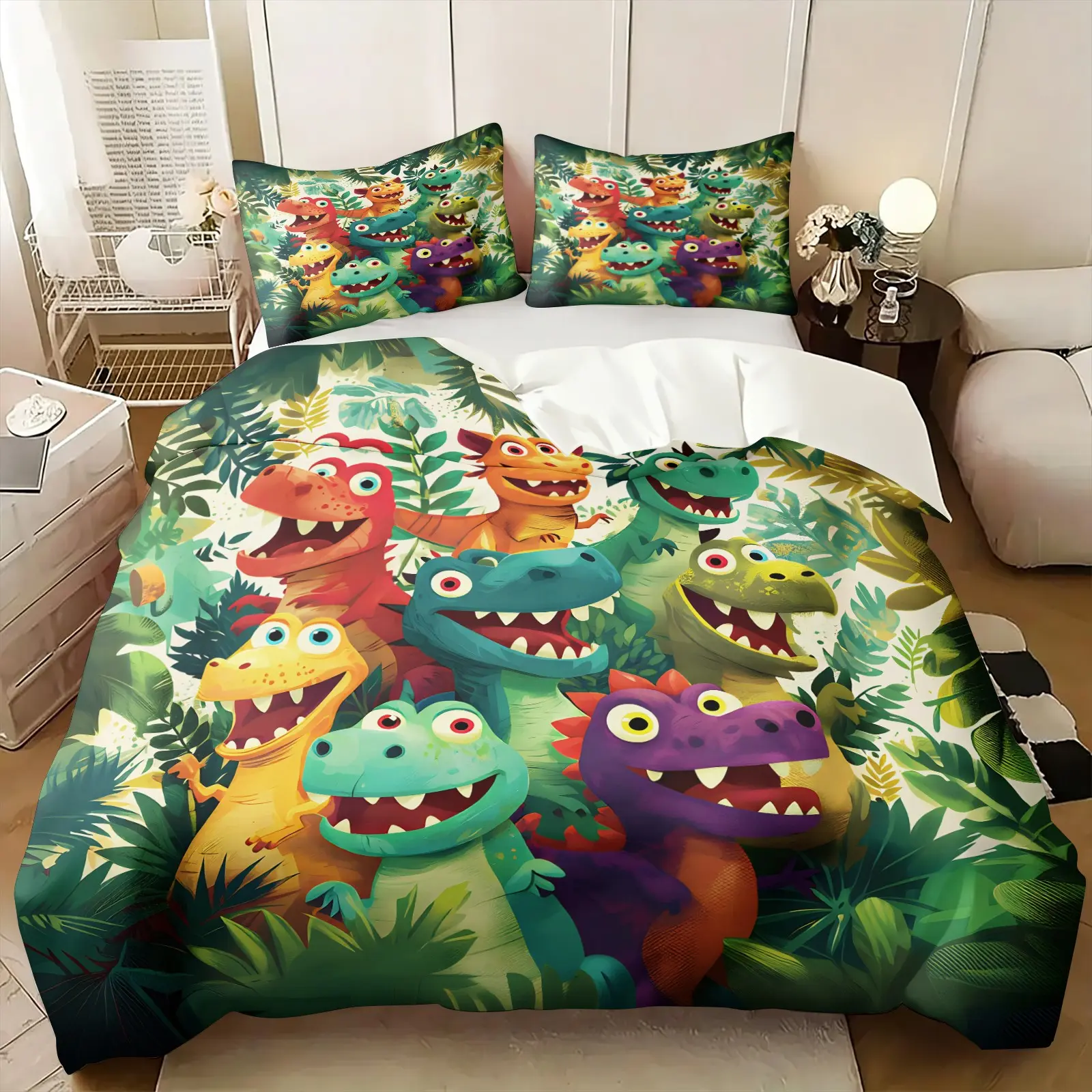 Jungle Jurassic Dinosaur Duvet Cover Set, 1 Duvet Cover & 1-2 Coreless Pillowcases, Tropical Leaf Dinosaur Print,Soft Comfortable All Season Breathable Fabric,  Perfect Gift For Little Boys & Dinosaur Fans, Bedroom Decor