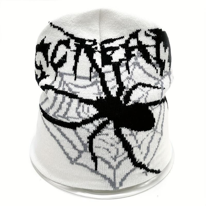 Y2K Unisex Beanie Hat with Halloween Spider Web & SCREAM Letter Design, Stretchy Elastic Band, Warm Winter Skull Cap for Streetwear, Hip-Hop, and Parties (Red/Black/White/Grey)