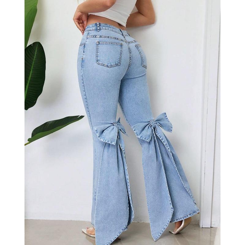 Fashion Women's Jeans High Waist Stretch Bow Trimmed Flared Jeans