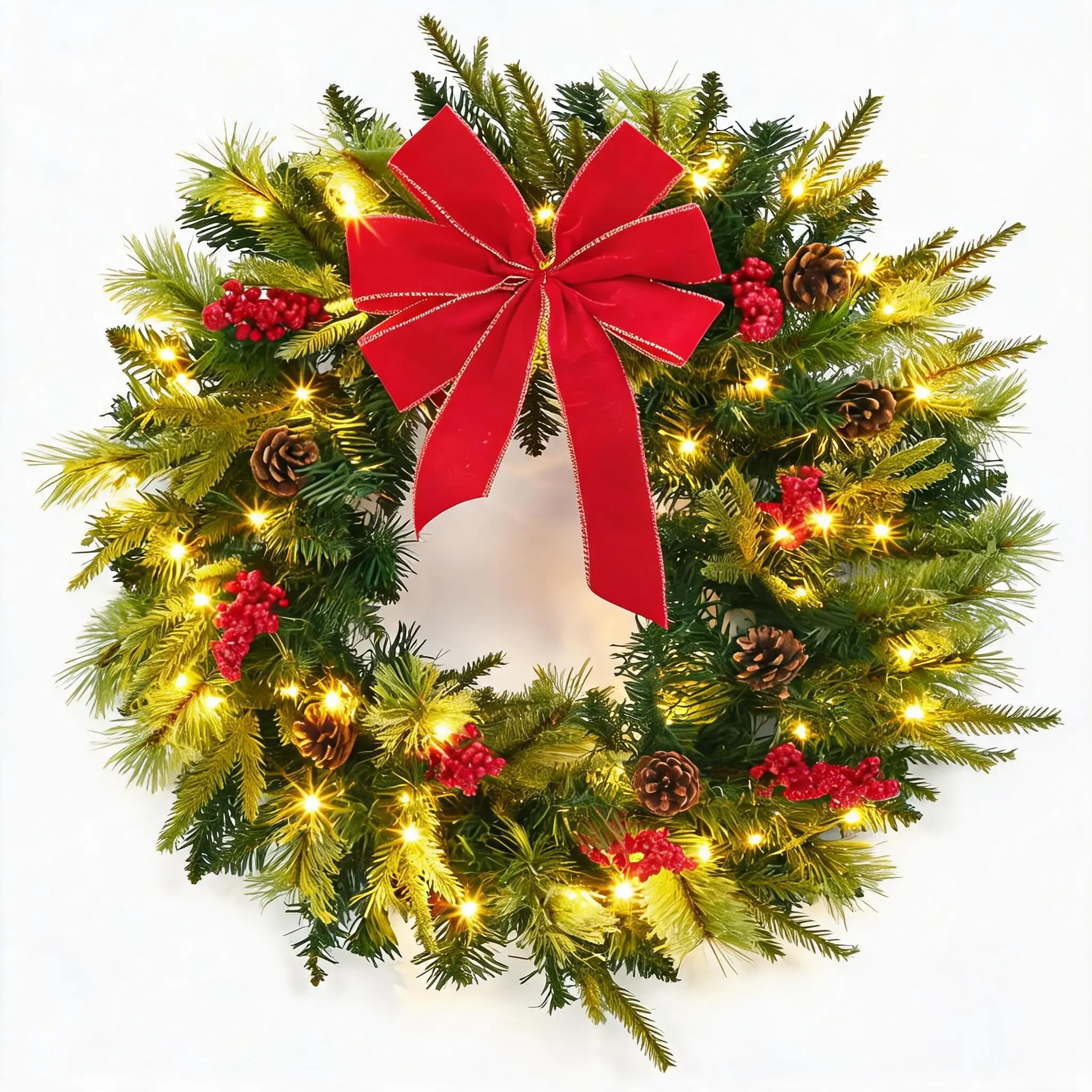 L. 24" Lush Pre-Lit Christmas Wreath – 50 LED Lights, Large Red Bow, Pine Cones & Berry Clusters, Front Door Outdoor Winter Holiday Decor