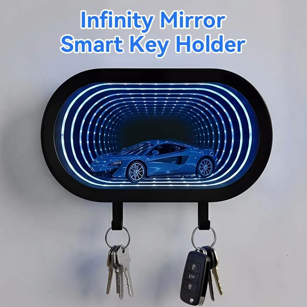 Fun LED Infinity Mirror Wall Mounted Key Holder, Light‑Sensitive Flowing Color Changing Car‑Themed Key Organizer, Illuminated Entryway Wall Decor, Ideal Gift for Car Enthusiasts for Home & Party Decoration