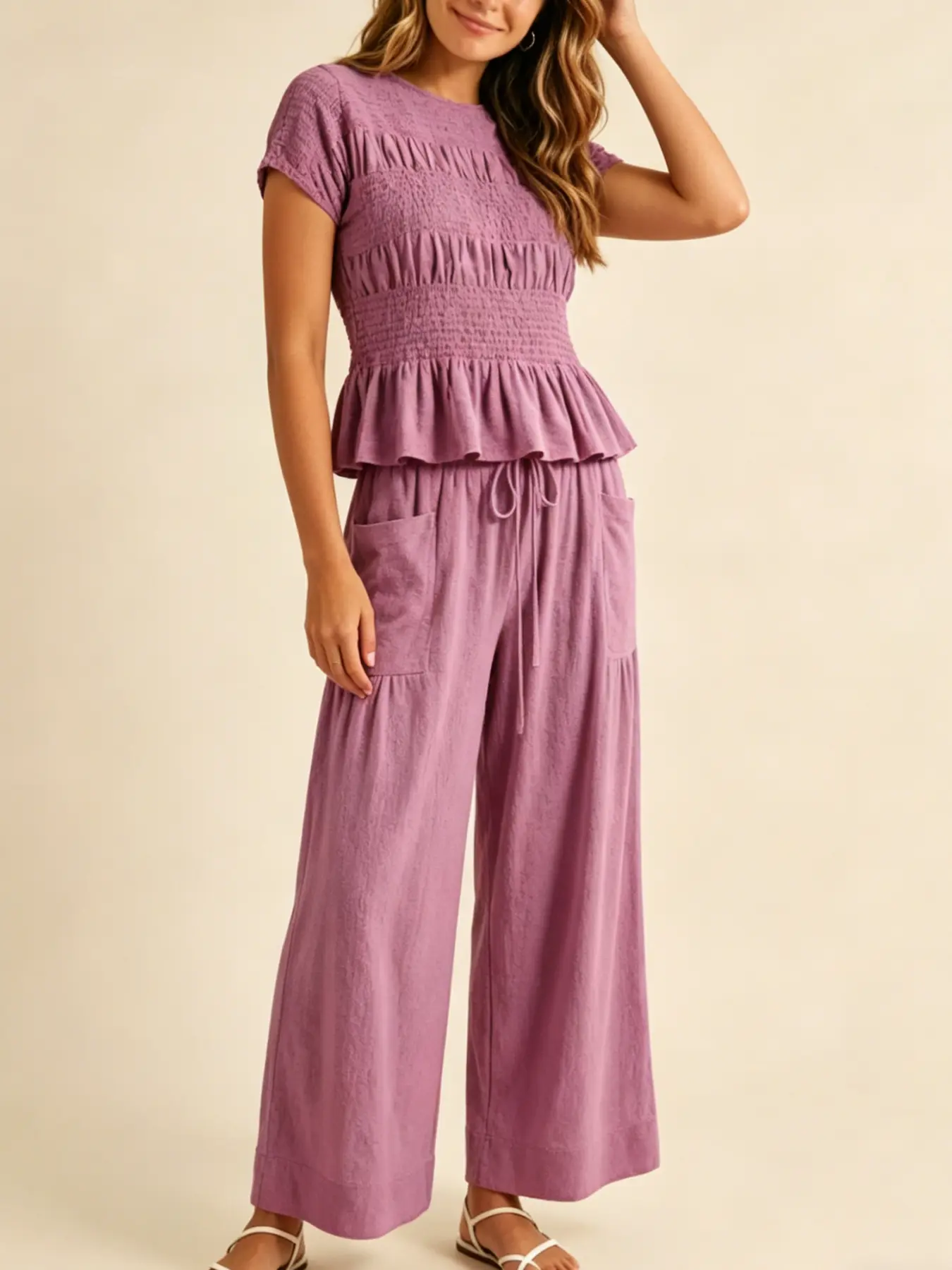 French gentle style Basic Casual Women waist cinching set with multiple colors to choose from, ruffled round neck short sleeved top and wide leg pants suitable for summer, versatile sportswear for home and outdoor wear Clothes