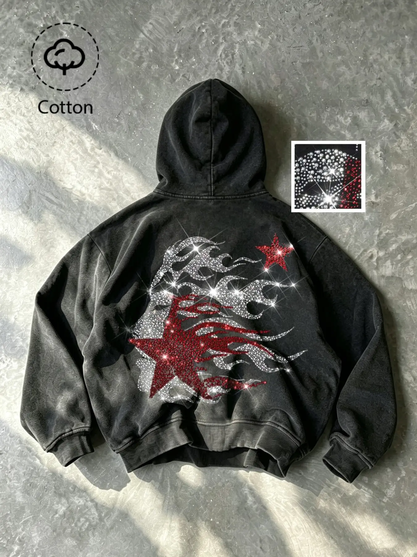 Men's Vintage Washed Zipper Hoodie, Cotton Fabric Adjustable Hat, Sparkling Rhinestone Star Pattern, Casual Hip-Hop Style Long Sleeve Top