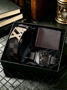 Men's Fashion Quartz Watch Set with Wallet and Belt, High-End Gift Box Included, Perfect for Business Casual Daily Wear