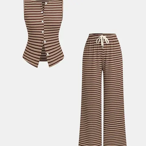 2 Piece Women's Striped Sleeveless Top and Wide Leg Pants Set Casual, Chic and Comfortable for Spring and Summer