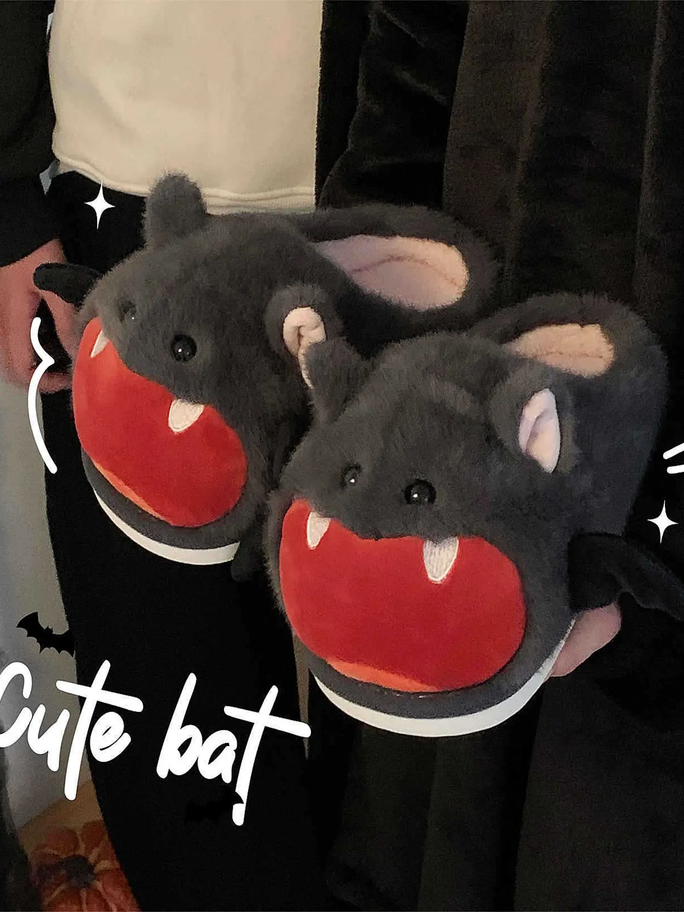 Cute Bat Halloween Cotton Slippers, Unisex Fashion Bedroom Couple Warm Comfortable Fuzzy Slippers, Winter Indoor Footwear