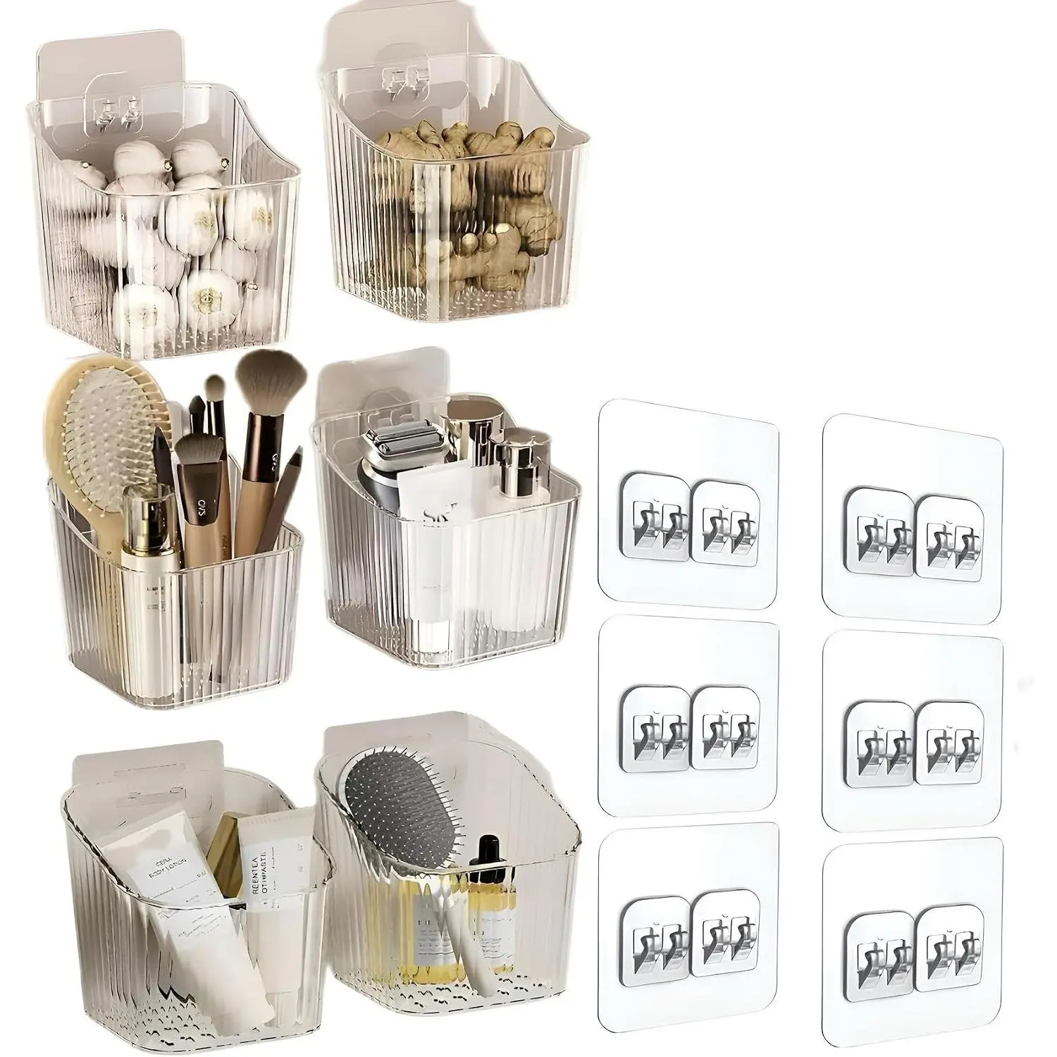 6Pack small Wall Mount Organizer, Adhesive Cabinet Door Storage Bins, Clear Makeup Container, Stackable Organizer Basket for Kitchen, Bathroom, rv, Pantry, Office, Refrigerator Small Items storage