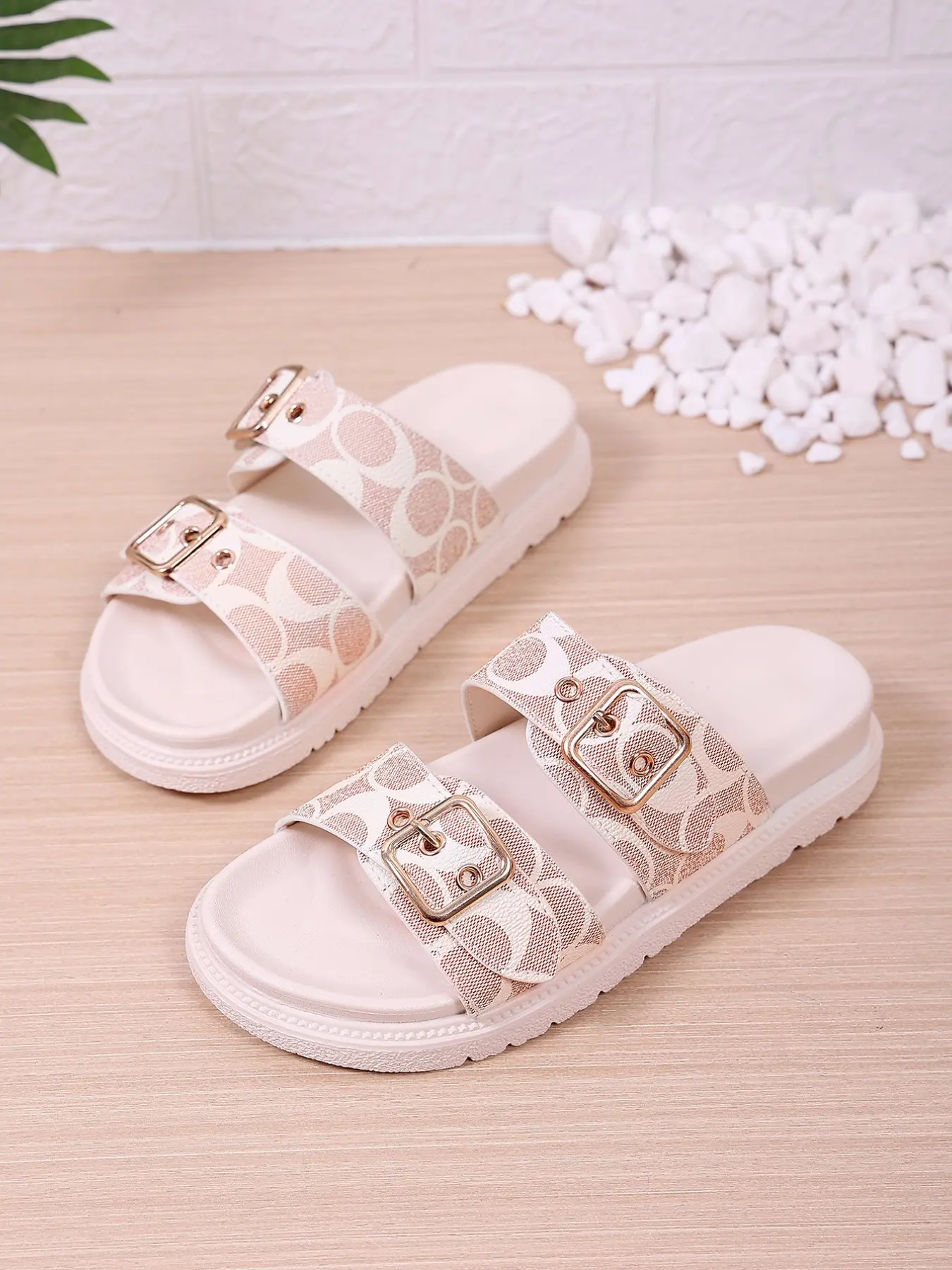 Vintage Denim Pattern Dual Buckle Metal Multicolor Plus Size Women's Sandals, Summer Thick Sole Anti-Slip Beach Shoes, Comfortable Open-Toe Slippers