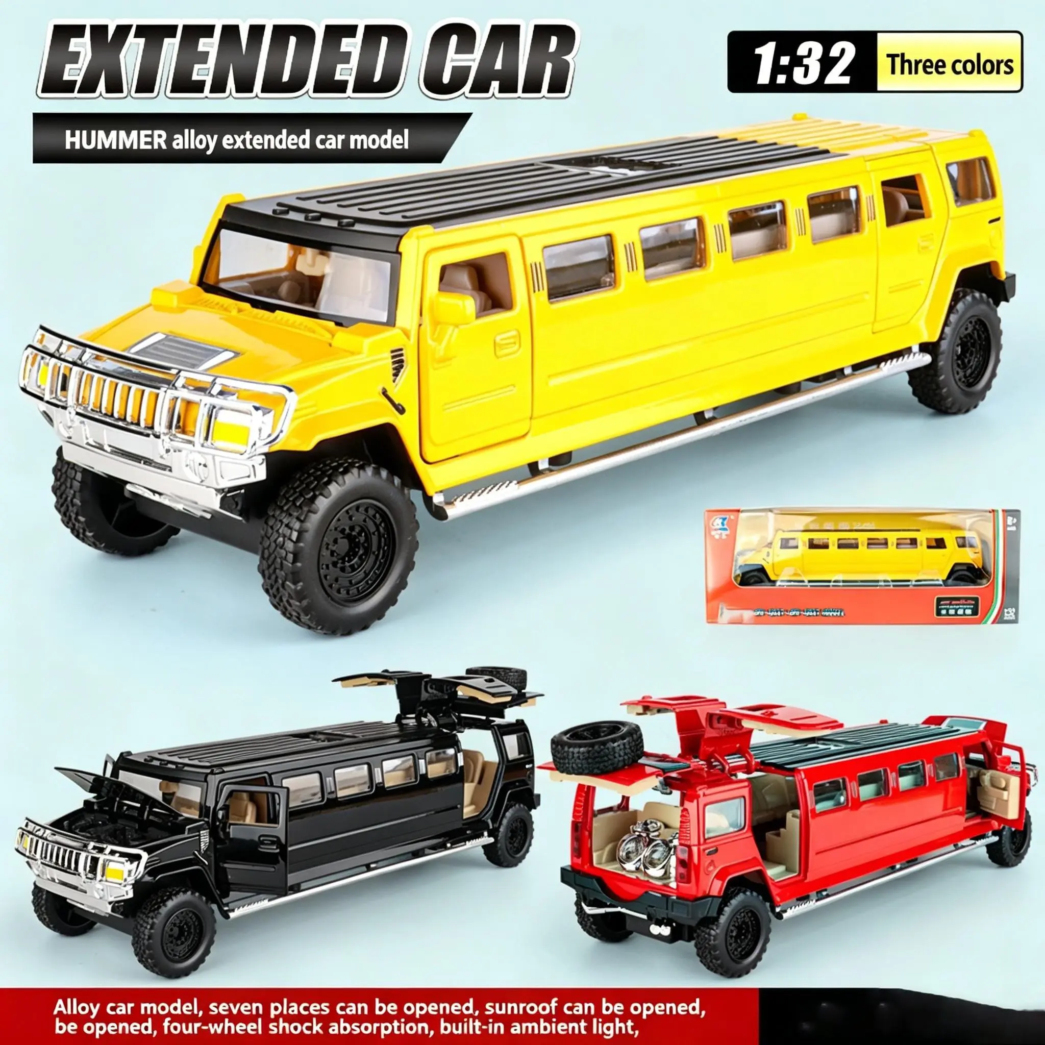 New 1:32 Scale Extended Hummer Alloy Car Model, Sound and Light Toy Car, Boy's Decorative Item, Realistic Replica Vehicle, Diecast Metal Model, Collector Model Car