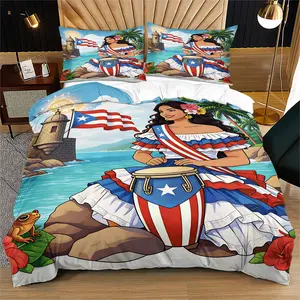 2/3-Piece Traditional Puerto Rican-Themed Bedding Set – Duvet Cover Set Featuring Puerto Rican Flag, Coquí Frog, and Ocean Prints; Soft and Comfortable Caribbean-Style Bedroom Decor (Includes 1 Comforter Cover + 1 or 2 Pillowcases)