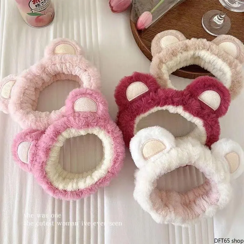 Female Coffee Tone Plush Bear Ear Stretch Hair Band - Synthetic Fleece, Fluffy Texture, Lightweight Pack, Elastic, Compact, Soft Hair Holding Accessory for Skincare, Makeup, Washing Face (1 Size), One Size, Cute