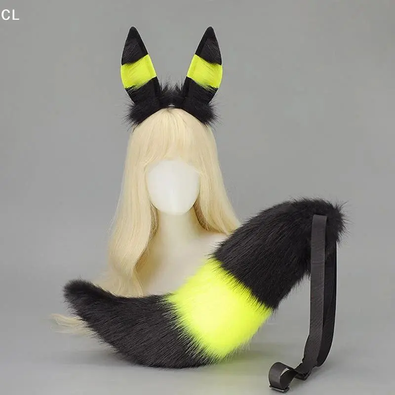 Game Anime Umbreon Cosplay Adult Unisex Ears Headband Furry Anthropomorphic Headdress Plush Tail Headwear Halloween Cute Props