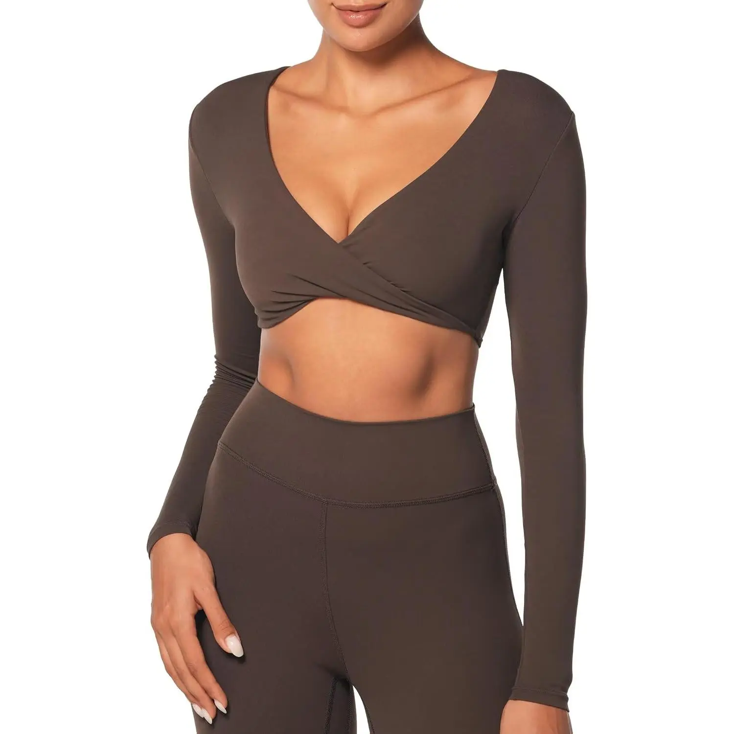 Sunzel Women's Twist Deep V Long Sleeve Crop Tops Gym Tees with Compression| V-Neck, Twist Front, Cropped Length, Buttery Soft, Breathable, High Stretchy, Workout Yoga Pilates Dance