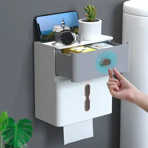 Toilet double-layer tissue box, large capacity, no-drill wall-mounted tissue roll holder, waterproof and dustproof tissue rack
